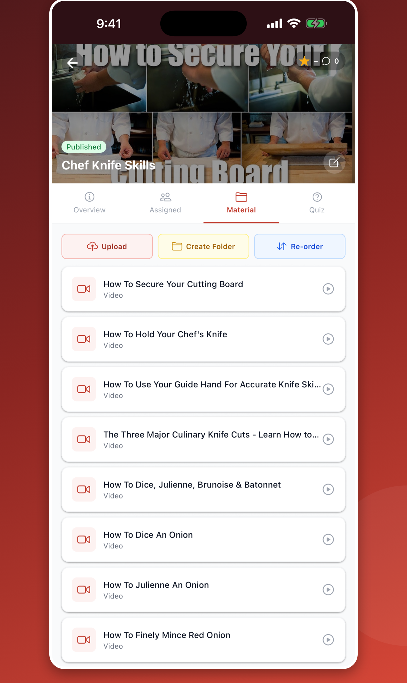 Kovata course builder listing video materials with upload, folder and re-order controls