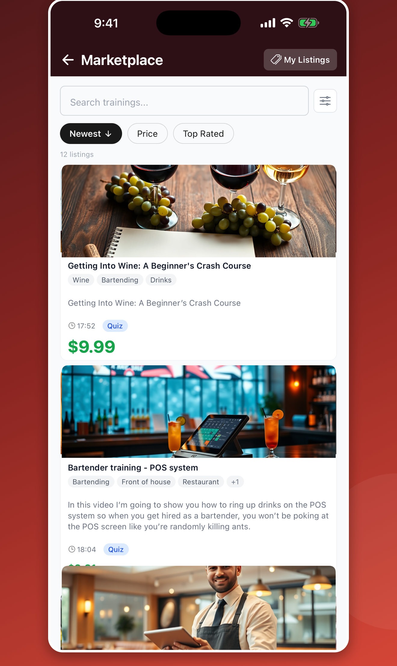 Kovata marketplace listing ready-made training courses with tags, length, quiz labels and prices