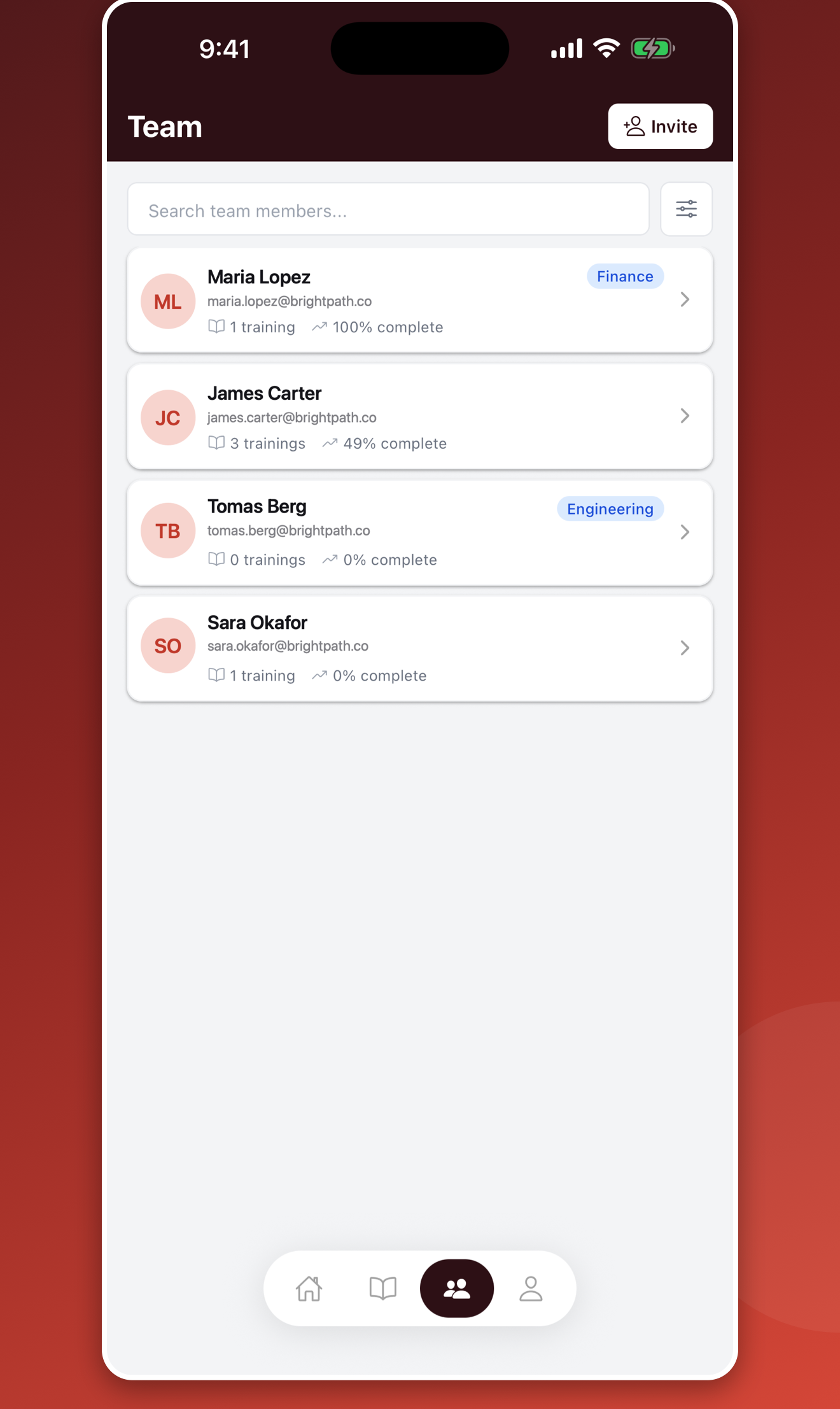 Kovata team screen listing members with per-person training counts and completion percentages